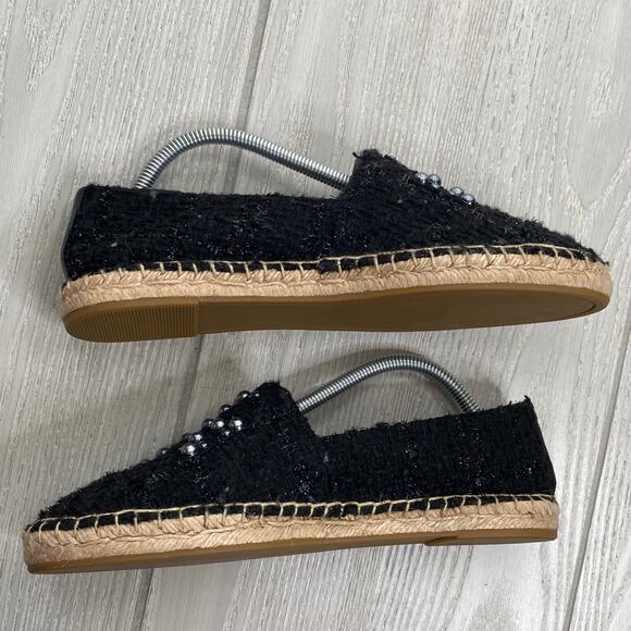 Tory Burch Womens Black Willa Tweed Pearl Logo Espadrille Slip On Flats Size 7.5 - Picture 8 of 10